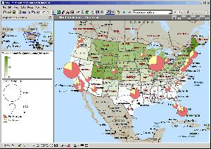 Географические данные могут быть нанесены в Microsoft MapPoint в различных формах, включая затененные области и круговые диаграммы