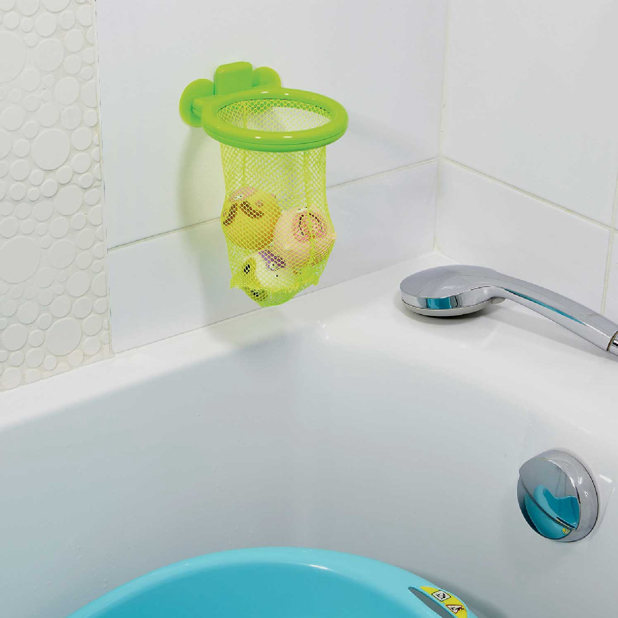 Благодаря тому, что корзина сделана из сетки, игрушки могут легко капать из воды и высыхать